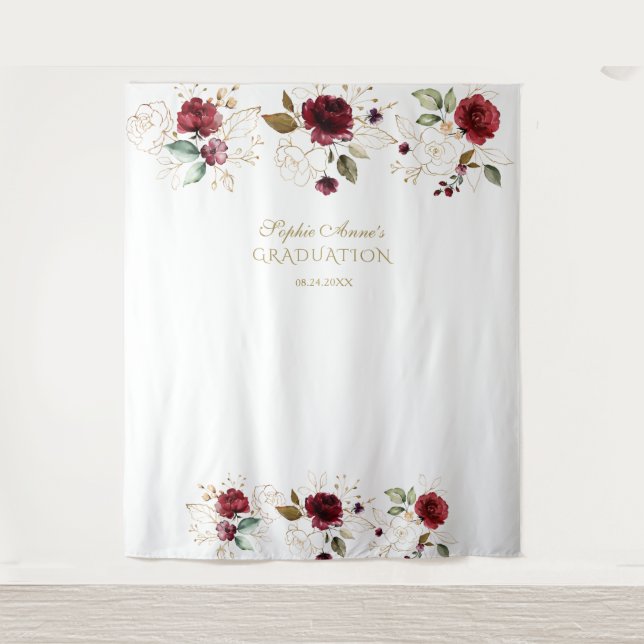 Burgundy Gold Floral Graduation Photo Booth Prop Tapestry (Front)
