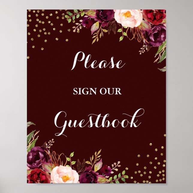 Burgundy Gold Floral Guestbook Wedding Sign (Front)