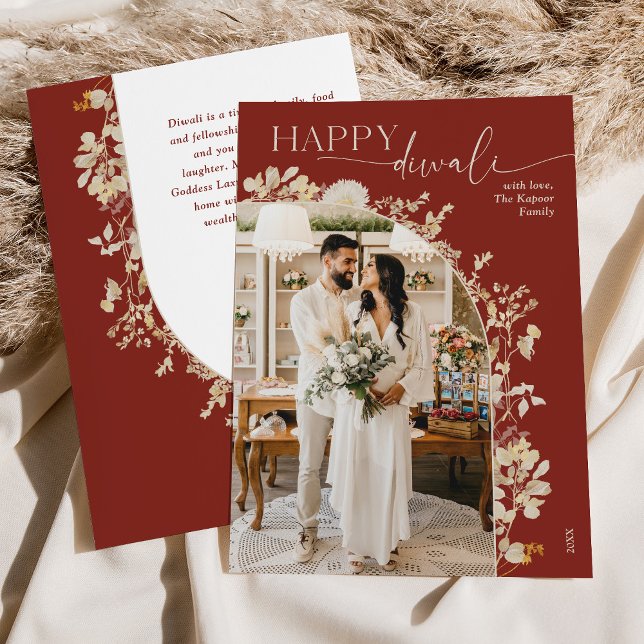 Burgundy Gold Floral Happy Diwali Photo Cards (Creator Uploaded)
