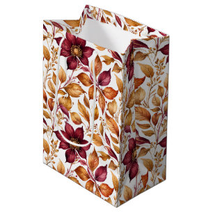 Burgundy & Gold Floral Leaf Pattern Medium Gift Bag