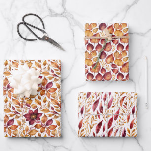 Burgundy & Gold Floral Leaf Pattern Wrapping Paper Sheet