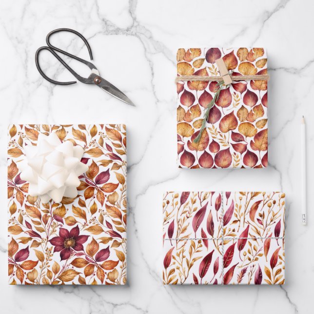 Burgundy & Gold Floral Leaf Pattern Wrapping Paper Sheet (Front)