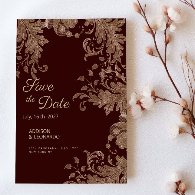 Burgundy gold floral luxury lace Save the Date  Invitation (Burgundy gold floral luxury lace Save the Date)