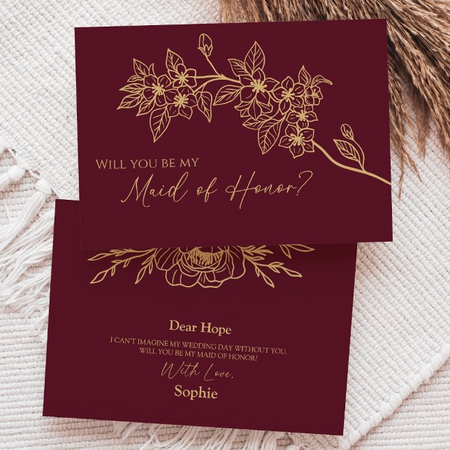 Burgundy Gold Floral Maid Of Honour Proposal Card (Creator Uploaded)
