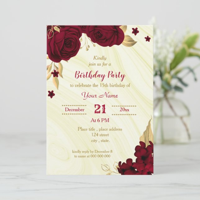 burgundy gold floral marble birthday party invitation (Standing Front)