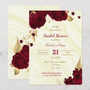 burgundy gold floral marble bridal shower invitation