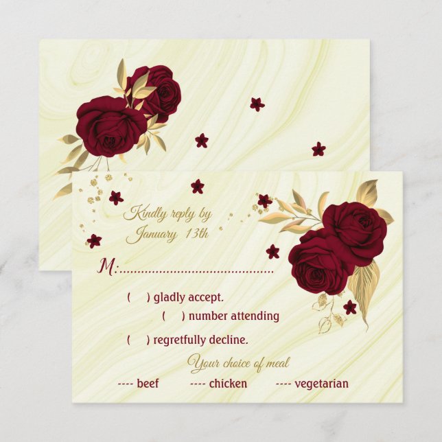 burgundy gold floral marble meal choice  RSVP card (Front/Back)