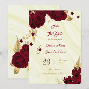 burgundy & gold floral marble save the date