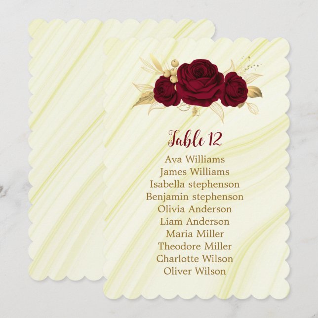 burgundy gold floral marble seating chart card (Front/Back)
