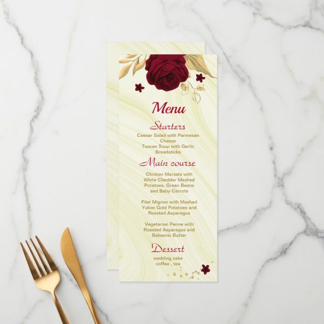burgundy gold floral marble wedding menu (Front/Back In Situ)