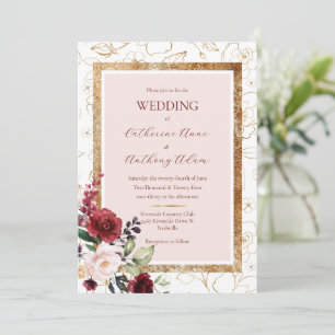 Burgundy Gold Floral Modern Wedding  Invitation