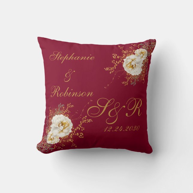 Burgundy Gold Floral Monogram Logo Wedding Cushion (Front)