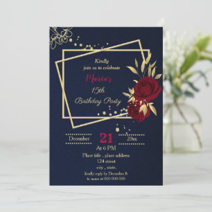 burgundy gold floral navy blue birthday party invitation