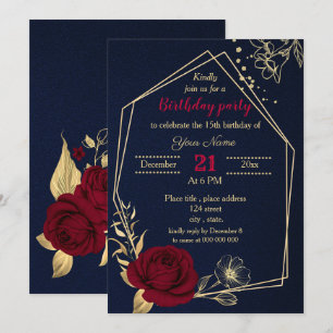 burgundy gold floral navy blue birthday party invitation
