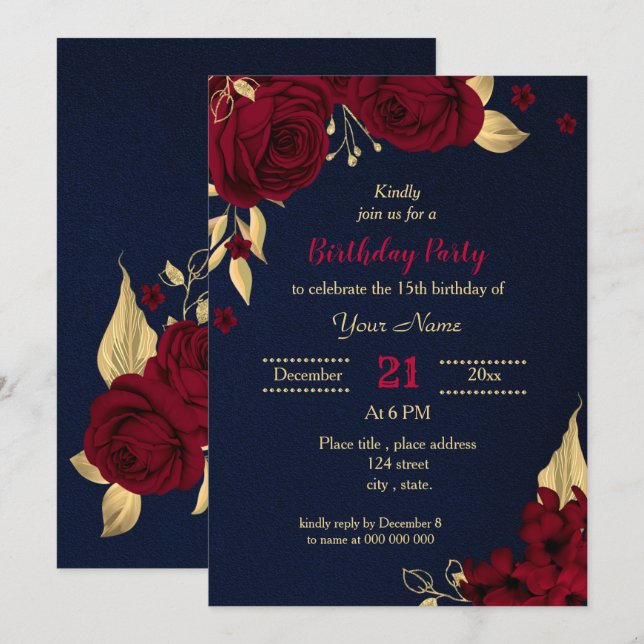 burgundy gold floral navy blue birthday party  invitation (Front/Back)