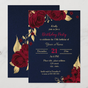 burgundy gold floral navy blue birthday party invitation