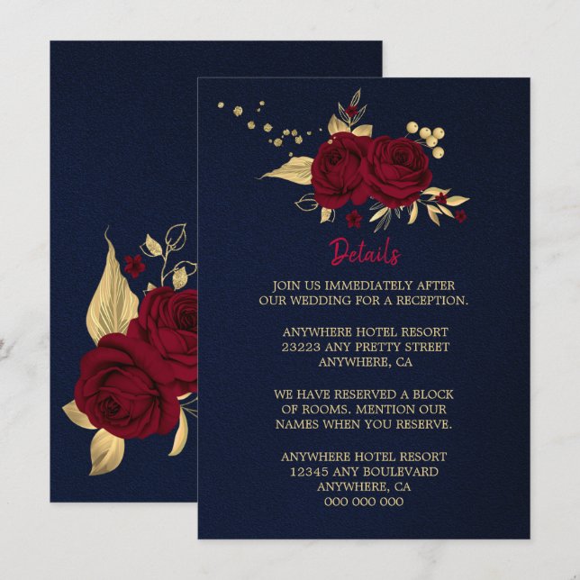 burgundy gold floral navy blue details enclosure card (Front/Back)