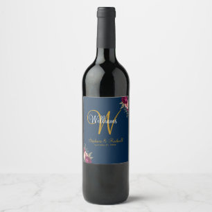 Burgundy Gold Floral Navy Blue Monogram Wedding Wine Label