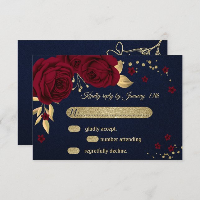 burgundy gold floral navy blue RSVP card (Front/Back)