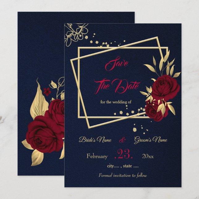 burgundy & gold floral navy blue save the date (Front/Back)