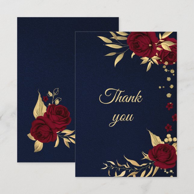 burgundy gold floral navy blue thank you card (Front/Back)