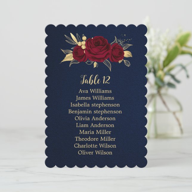 burgundy gold floral navy seating chart card (Standing Front)
