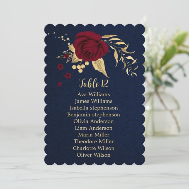 burgundy gold floral navy seating chart card (Standing Front)