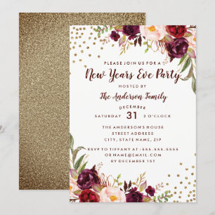 Burgundy Gold Floral New Years Eve Party Invite