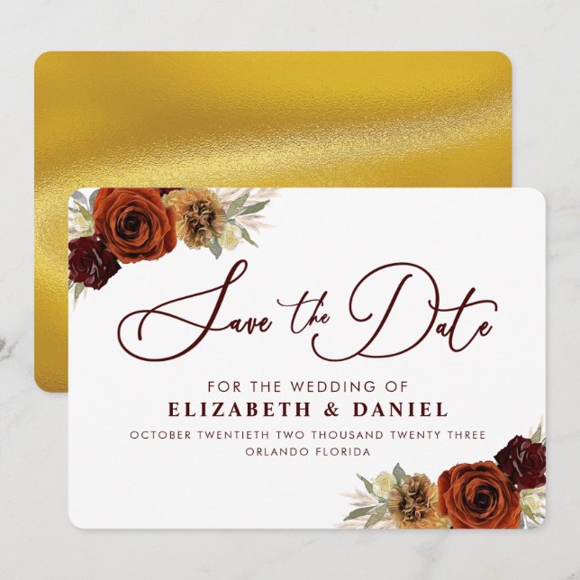 Burgundy Gold Floral Pampas Grass Save The Date (Front/Back)