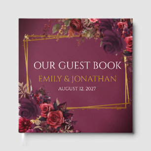 Burgundy Gold Floral Personalised Wedding Guest Book