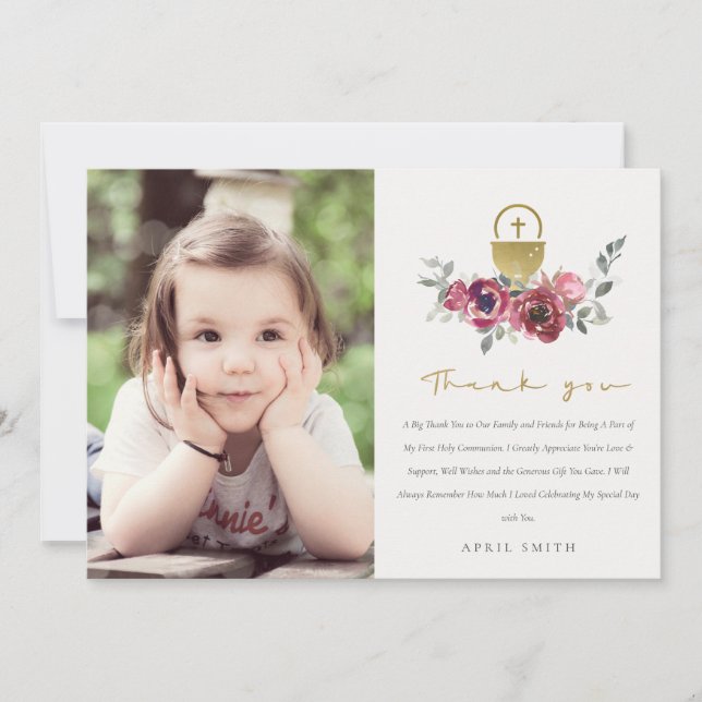 BURGUNDY GOLD FLORAL PHOTO FIRST HOLY COMMUNION THANK YOU CARD (Front)
