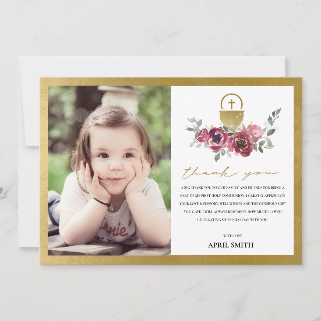 BURGUNDY GOLD FLORAL PHOTO FIRST HOLY COMMUNION THANK YOU CARD (Front)