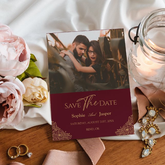 Burgundy Gold Floral Photo Save The Date Card (Creator Uploaded)