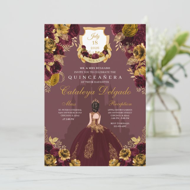Burgundy & Gold Floral Princess Castle Quinceañera Invitation (Standing Front)