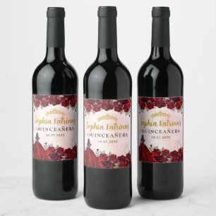 Burgundy Gold Floral Princess Quinceanera Birthday Wine Label