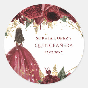 Burgundy Gold Floral Princess Quinceanera Classic Round Sticker