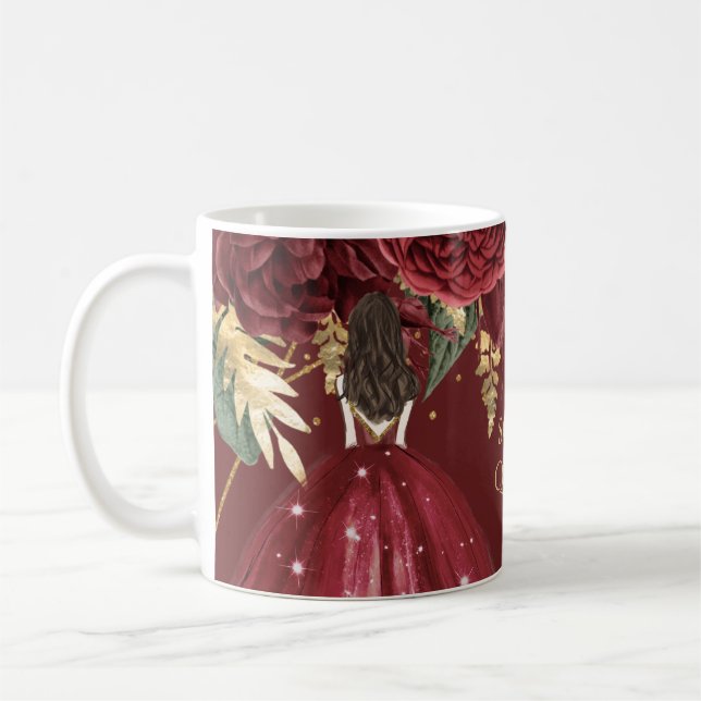 Burgundy Gold Floral Princess Quinceanera   Coffee Mug (Left)