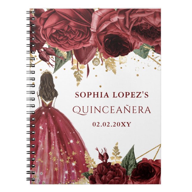 Burgundy Gold Floral Princess Quinceanera    Notebook (Front)