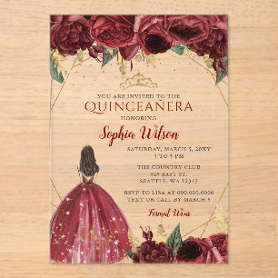 Burgundy Gold Floral Princess Quinceañera Quince I Acrylic Invitations