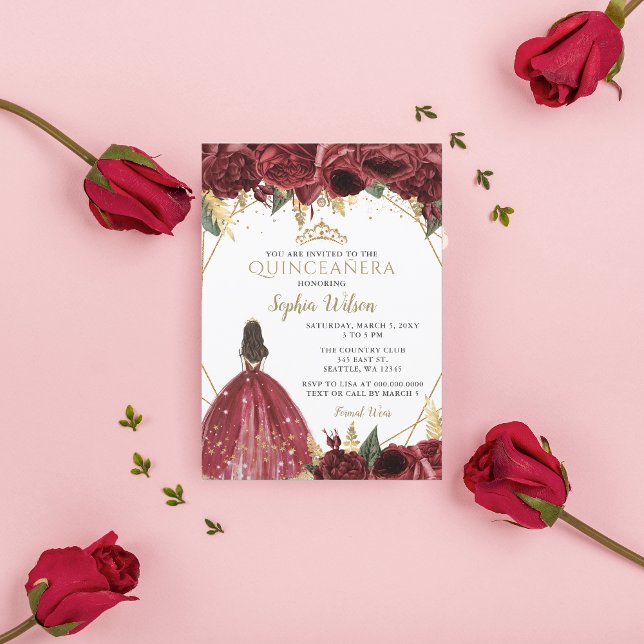 Burgundy Gold Floral Princess Quinceañera Quince I Invitation (Burgundy Gold Floral Princess Quinceañera Quince I Invitation)