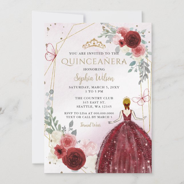 Burgundy Gold Floral Princess Quinceañera Quince Invitation (Front)