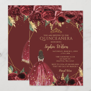 Burgundy Gold Floral Princess Quinceañera Quince Invitation
