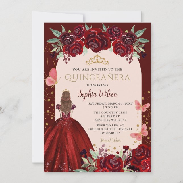 Burgundy Gold Floral Princess Quinceañera Quince Invitation (Front)