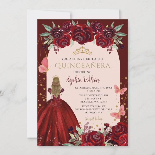 Burgundy Gold Floral Princess Quinceañera Quince Invitation (Front)