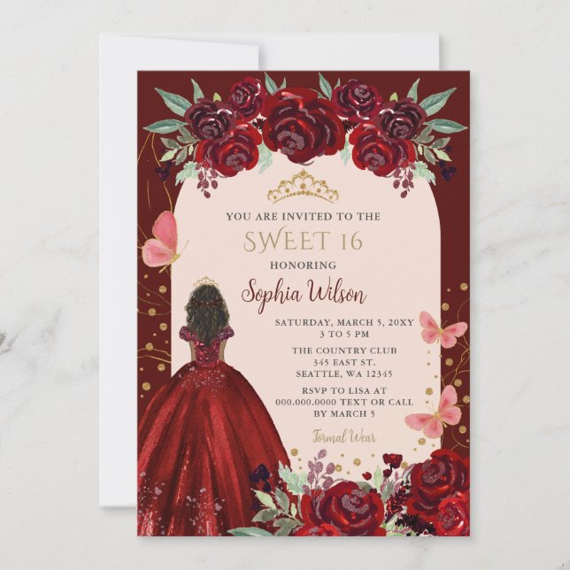 Burgundy Gold Floral Princess Sweet 16 Invitation (Front)