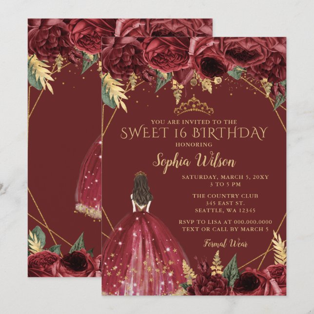 Burgundy Gold Floral Princess Sweet 16 Invitation (Front/Back)
