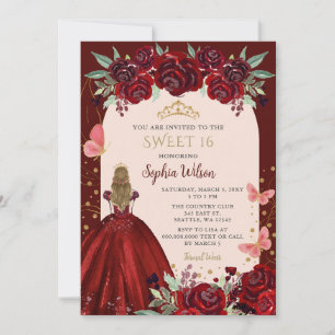 Burgundy Gold Floral Princess Sweet 16 Invitation