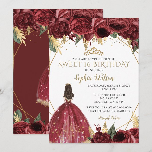 Burgundy Gold Floral Princess Sweet 16 Invitation (Front/Back)