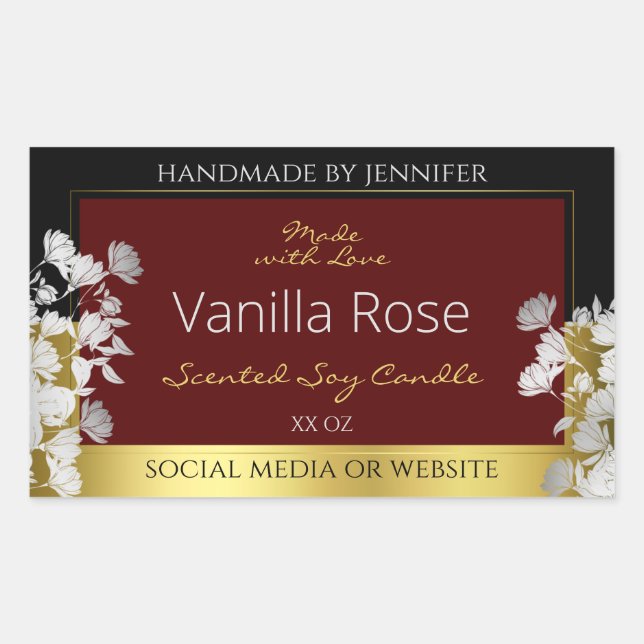 Burgundy Gold Floral Product Labels Silver Flowers (Front)