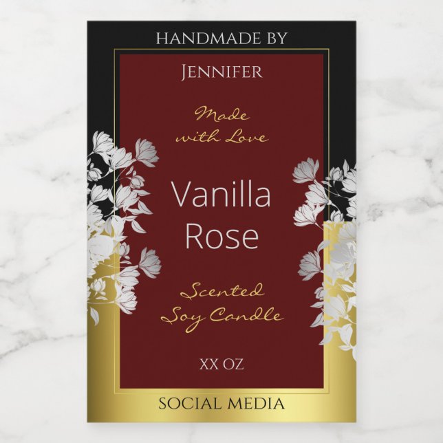Burgundy Gold Floral Product Labels Silver Flowers (Single Label)